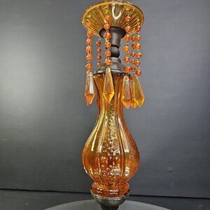 Vintage Candlestick Holder With Amber Glass And Plastic Beads 12 Inches Tall